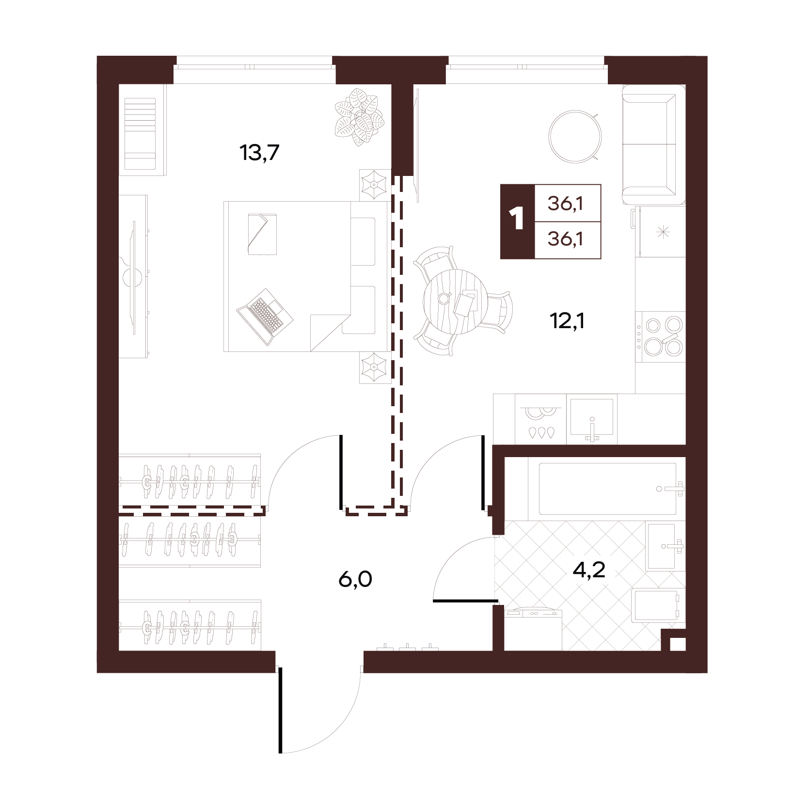 Планировка: Студия, 36,05 м², квартира 155
