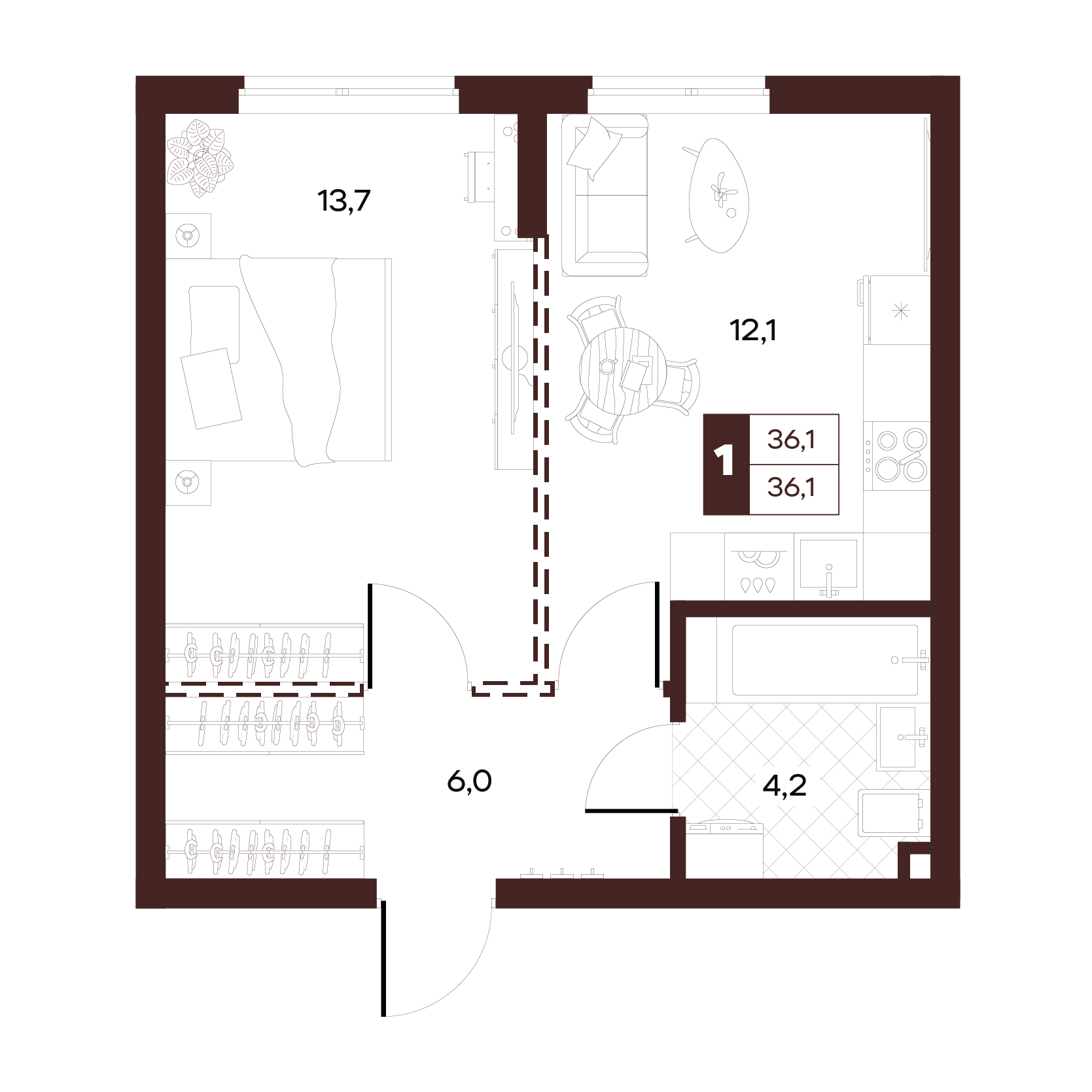 Планировка: Студия, 36,05 м², квартира 82