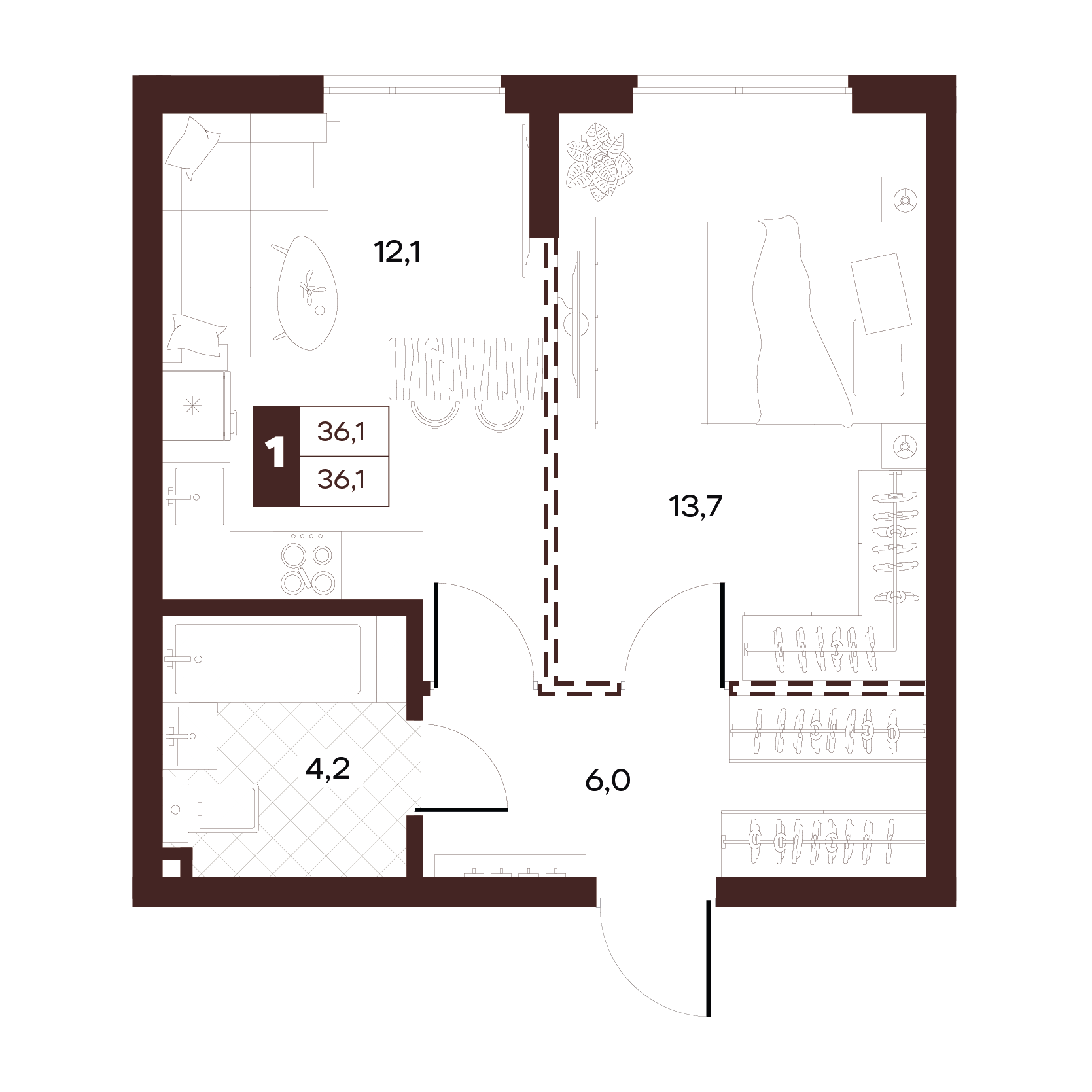 Планировка: Студия, 36,05 м², квартира 149