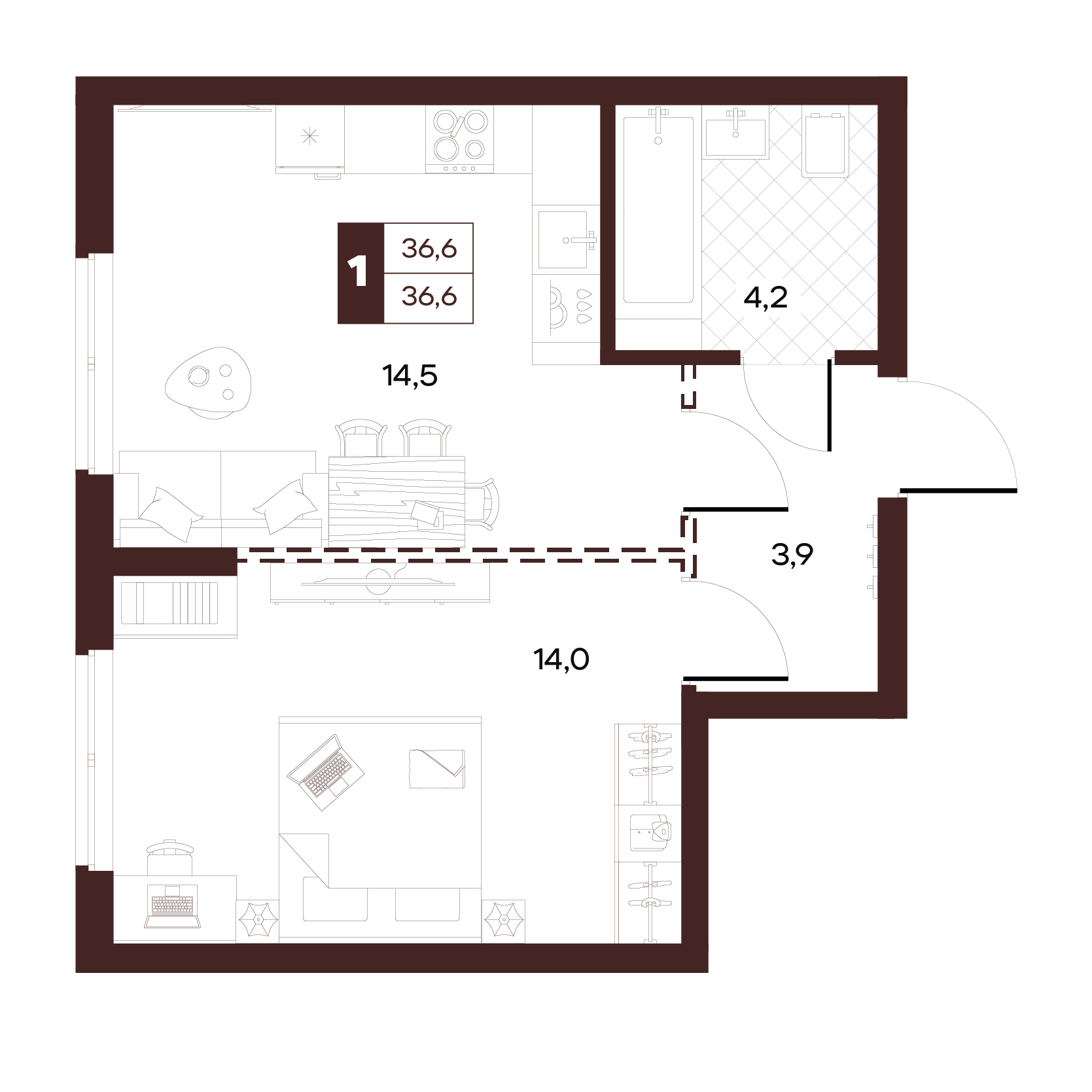 Планировка: Студия, 36,63 м², квартира 276